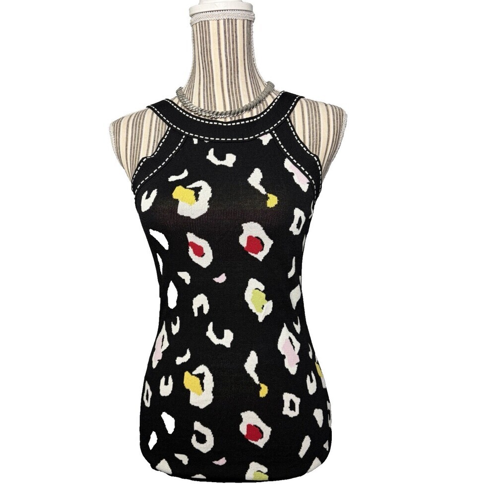 VTG Cache Womens MEDIUM (4-6) Top Black Print Sleeveless Halter Sweater Knit Y2K